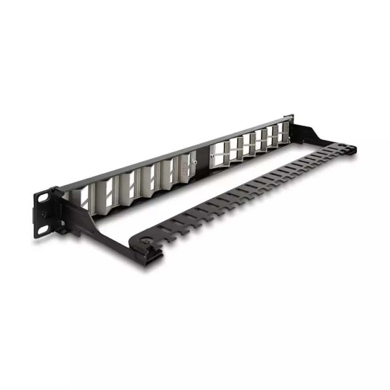 DELOCK 19 inch Keystone Patch Panel 24-port angled with strain relief, 1U, black, 482.6×125.5×44.2 mm