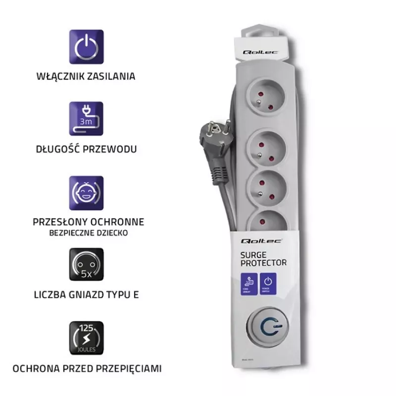 Surge Protector Qoltec 50272 Grey 5 AC Outlets 230V 3m