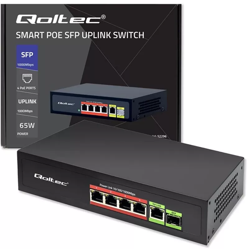 Ethernet PoE Switch QOLTEC 52296 — 4x RJ45 PoE ports, 1x RJ45 uplink
