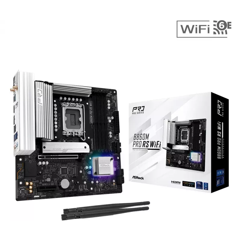 Motherboard ASRock B860M Pro RS WiFi — Intel B860, LGA 1851, micro ATX, DDR5, 4 DIMM, 3x M.2, 2.5Gb LAN, Wi‑Fi, Bluetooth