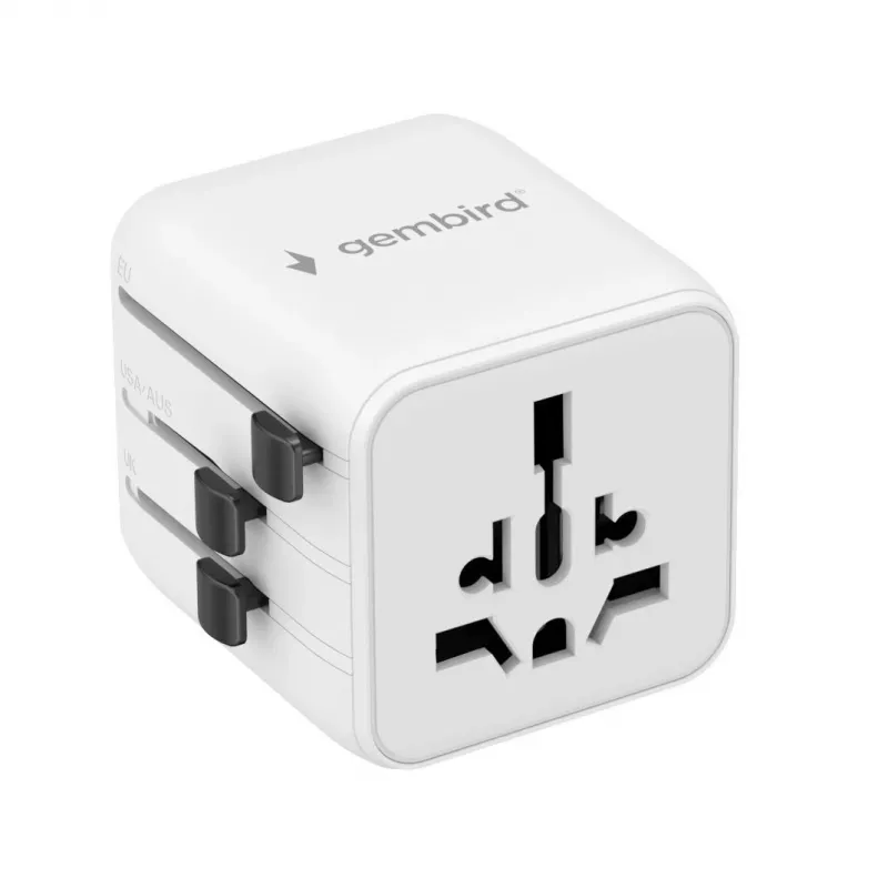 Universal travel power adapter GEMBIRD TPA-INT-01-W — input 100–250V, Type G plug, compact dimensions 84×56×85 mm