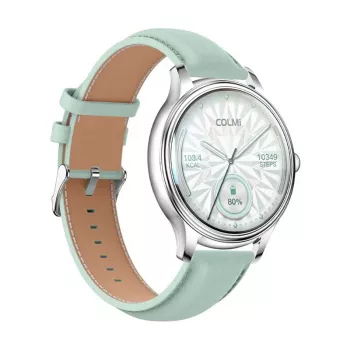 Smartwatch Colmi L28 — Silver-green case with green leather strap