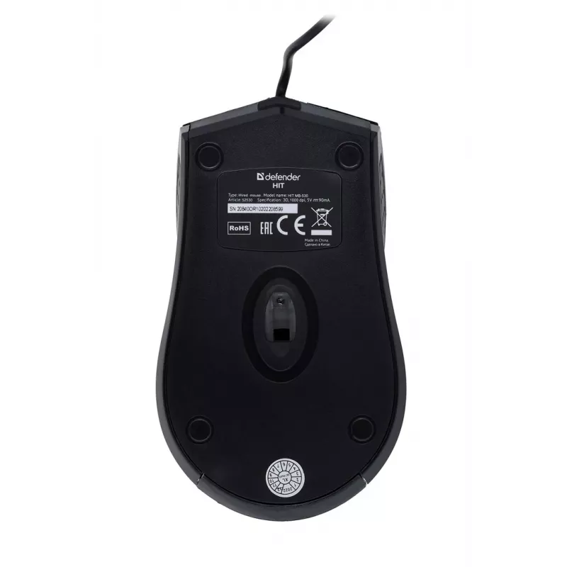 Optical Ambidextrous Mouse DEFENDER HIT MB-530 — 1000 DPI, USB Type-A, Black, 1.5 m cord