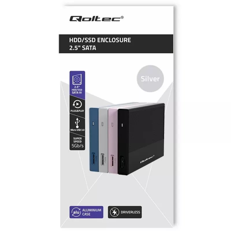 Enclosure for 2.5 inch SATA SSD/HDD QOLTEC 52278 USB 3.0, supports up to 2 TB