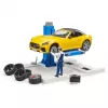 BRUDER Car Service Center bworld 62112 with Roadster playset, accessory figures and workshop elements