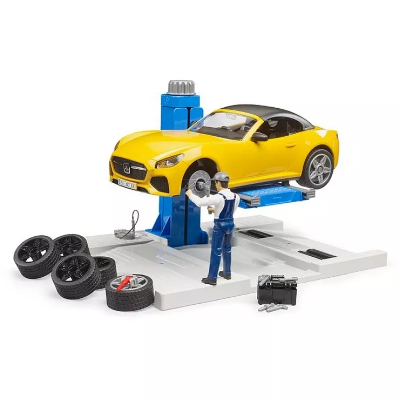 BRUDER Car Service Center bworld 62112 with Roadster playset, accessory figures and workshop elements