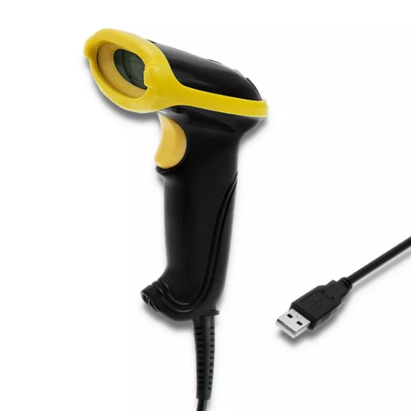 Handheld barcode reader QOLTEC 50867 — 1D/2D laser scanner, USB wired, 600 mm range, yellow/black