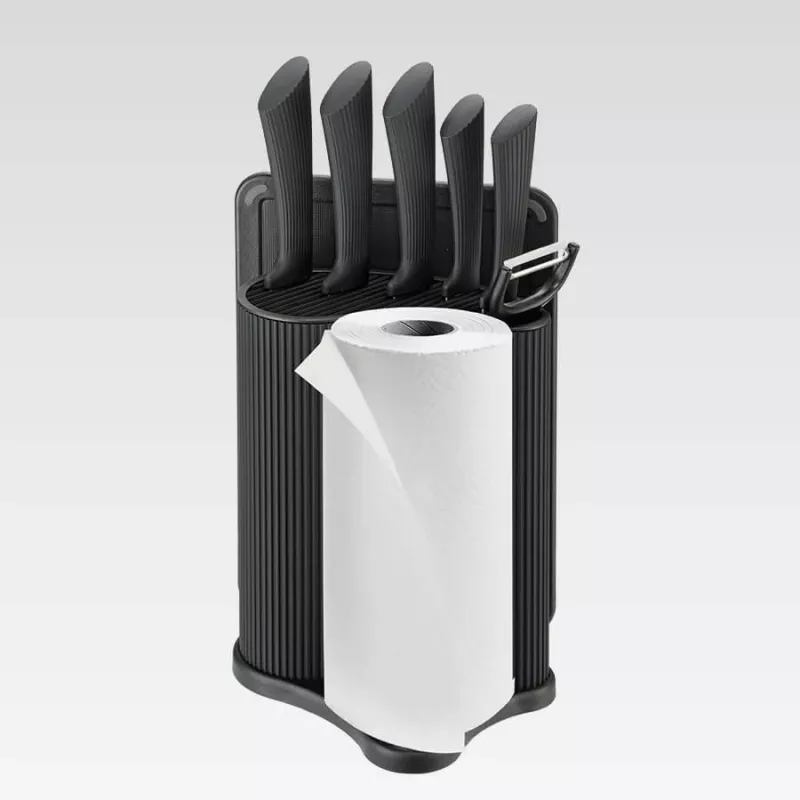 Knife and cutlery block set Maestro MR-1413 — black, 8-piece stainless steel blades with holder, paper towel rack