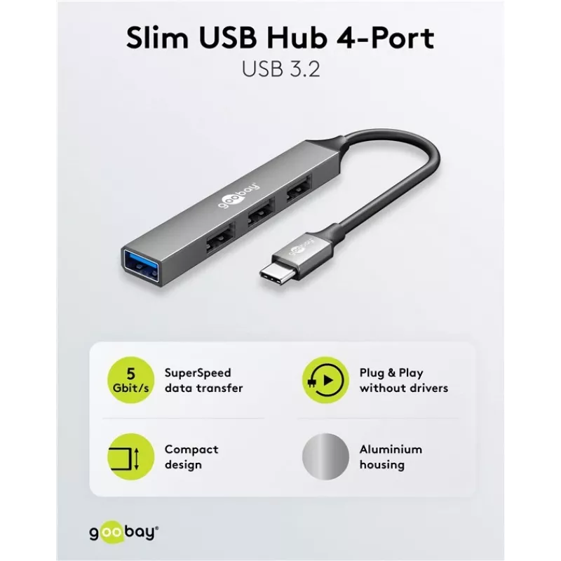 Goobay Slim 4-Port USB-Hub, USB-C™ auf USB-A, USB 3.2 (74457)
