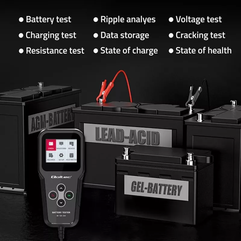 Qoltec 52489 Digital Battery Analyzer Tester 3-in-1 with LCD and multi-language 6V | 12V | 24V | 30Ah-200Ah