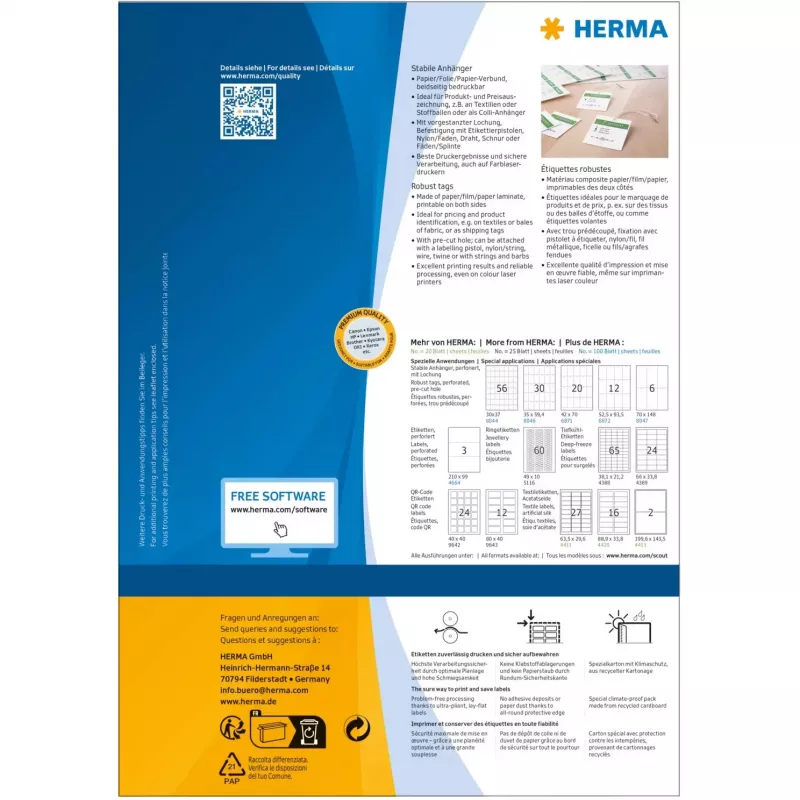Robust tags HERMA A4 52.5x93.5 mm white paper non-adhesive 1200 pcs