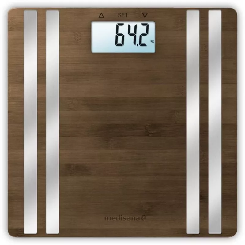 Electronic personal scale Medisana BS 552 — silver bamboo top, max 180 kg, 100 g accuracy, Bluetooth, BMI, body composition