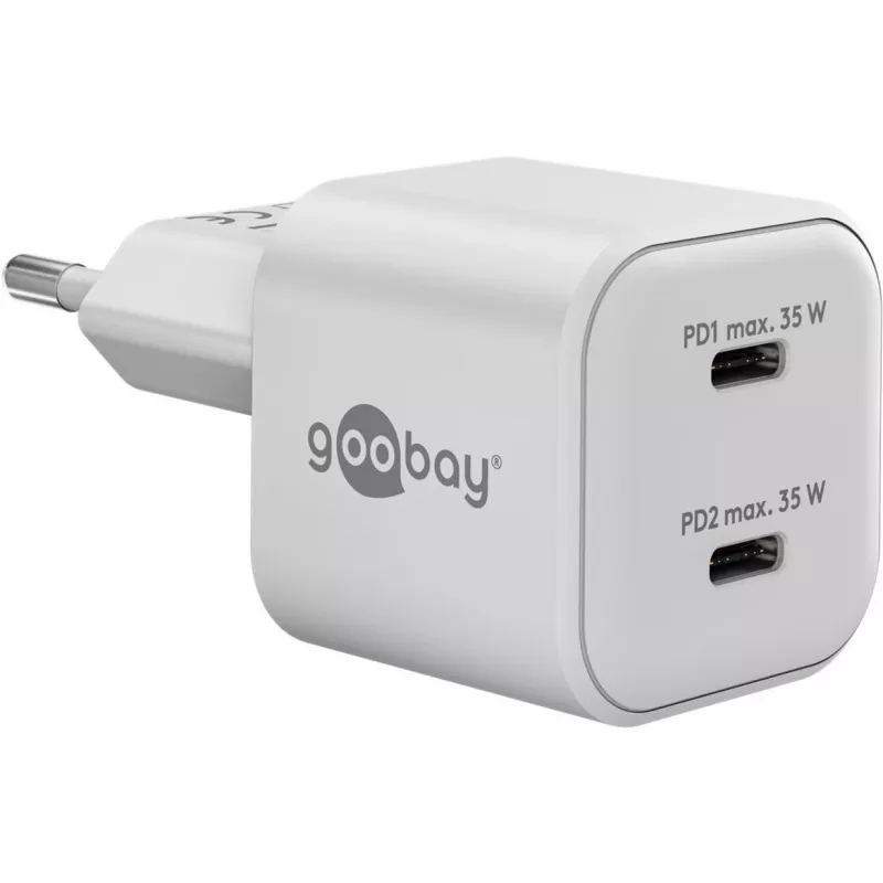 USB-C Dual-Fast Charger Nano, PD, GaN, 35 Watt (White, 2x USB-C, Power Delivery 3.0)