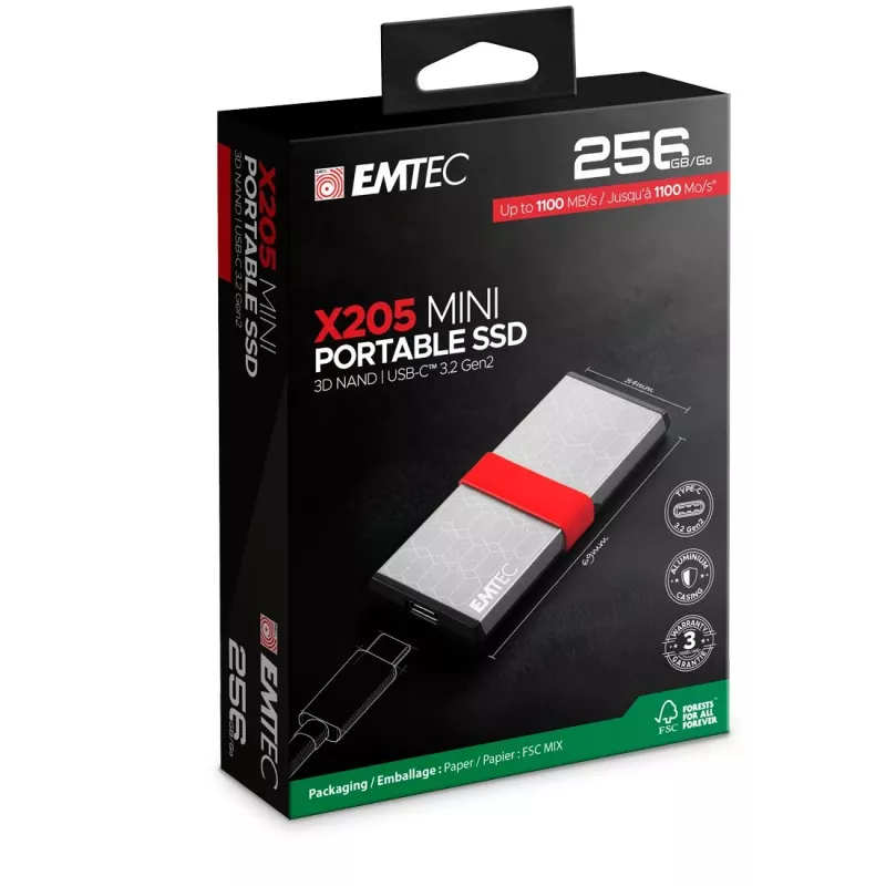 SSD Emtec 256GB Mini USB Type-C USB 3.2 Gen 2x2 Silver