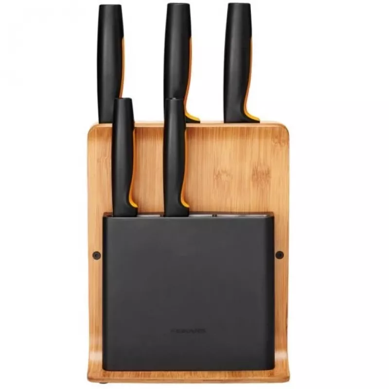 Slot knife block Fiskars 1057552 — wooden rectangular knife block with 5 slots, stainless steel, max knife length 21.3 cm