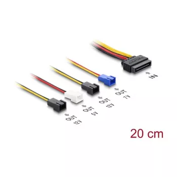 Power cable DELOCK SATA 15-pin to 4×2-pin fan (12V / 7V / 5V), 20 cm