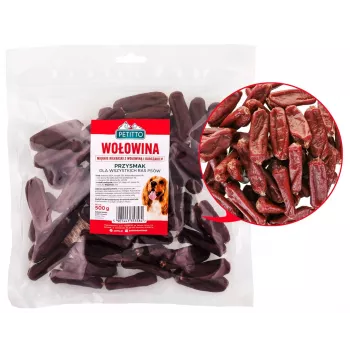 Dog treats PETITTO Soft beef sausages 500 g — soft training snacks, 33% protein, 4% fat, gluten- and sugar-free