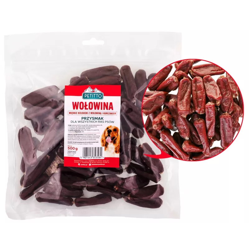 Dog treats PETITTO Soft beef sausages 500 g — soft training snacks, 33% protein, 4% fat, gluten- and sugar-free
