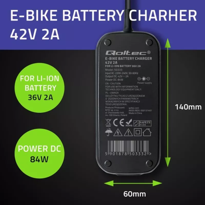 Qoltec Fast Charger for 36V Electric Scooter Bike | 42V | 2A | 5.5*2.5 | waterproof + power cable