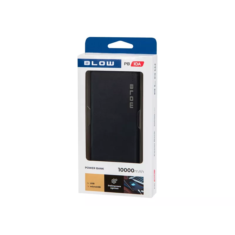 Portable power bank BLOW PB10A 10000mAh polymer battery, 2x USB-A outputs, 22.5W total, Micro‑USB input, black