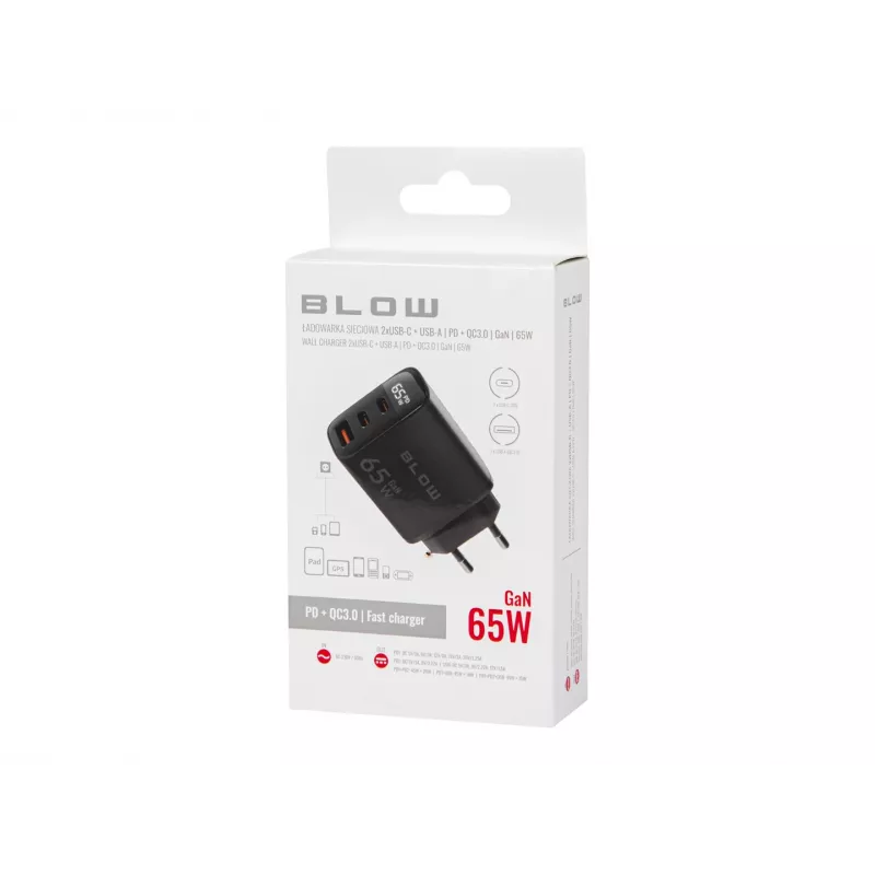 LCD wall charger USB socket + USB-Cx2 PD 65W GAN black wattmeter