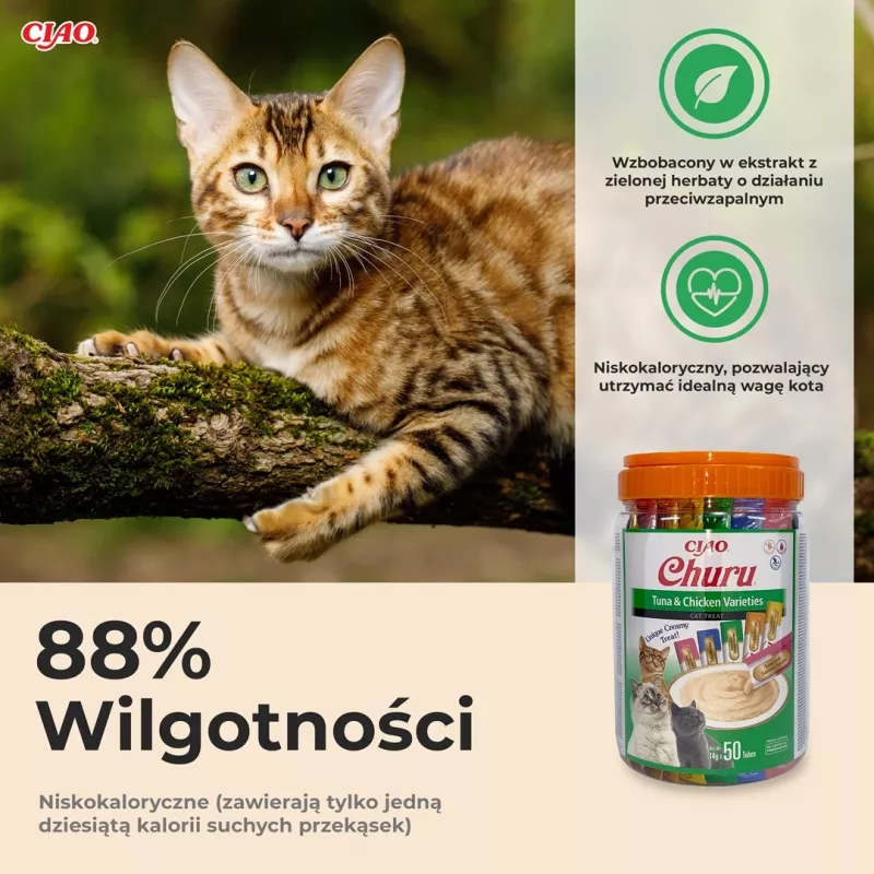 Wet cat treats INABA Churu Varieties — Chicken and Tuna, 50 x 14 g paste tubes, grain-free, gluten- and sugar-free