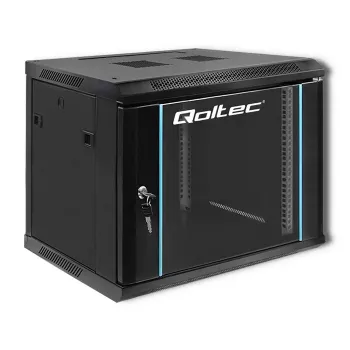 Qoltec 54463 19-Inch Rack Cabinet 9U 600x500x450 mm Wall-Mount Steel Enclosure with Glass Door, Black