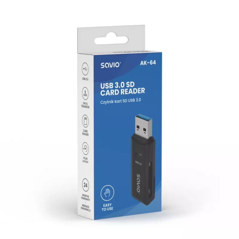 Card reader SAVIO AK-64 USB 3.2 Gen 1 Type-A output, MicroSD slot, 5000 Mbit/s, black