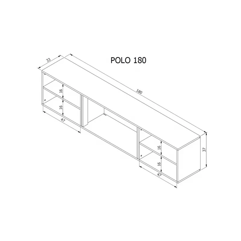 TV cabinet Cama Meble POLO 180x33x39 cm with electric fireplace 1400–1600 W, black, 2 shelves, laminate