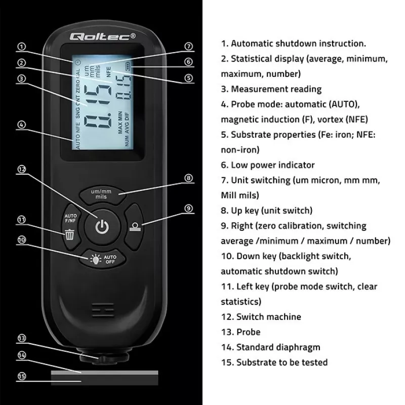 Coating Thickness Gauge QOLTEC 50646 LCD 0–2000 µm