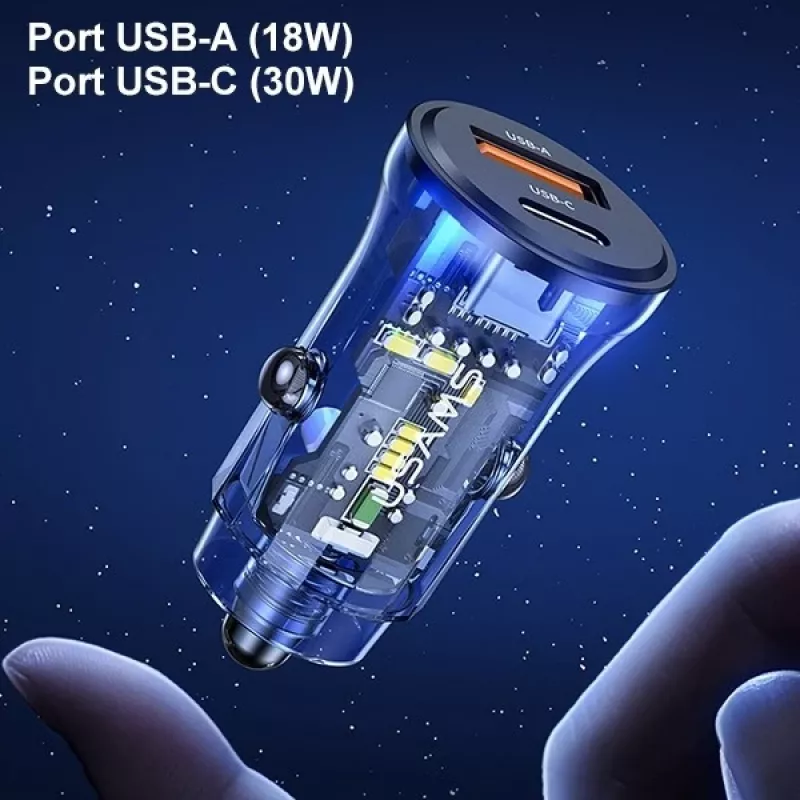 Car charger usams CC164CC01 30W with 1×USB-A and 1×USB-C for fast charging