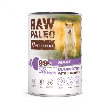 Wet dog food VETEXPERT RAW PALEO Duoprotein Duck & Boar Adult 400 g, grain‑free, for all breeds
