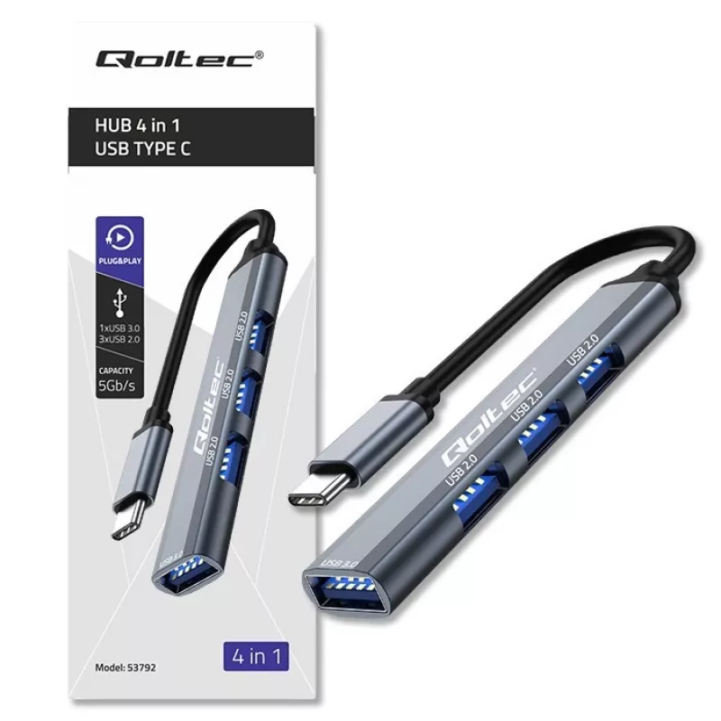 USB hub QOLTEC 53792, USB-C 3.1 to 4‑port (USB 3.0 x1, USB 2.0 x3)