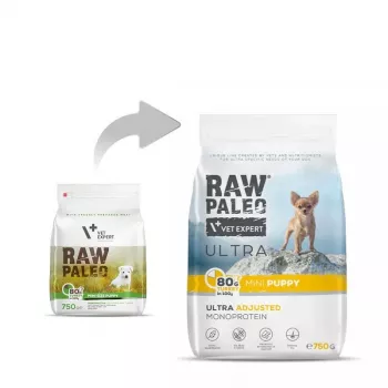 Dry dog food VETEXPERT Raw Paleo Ultra Mini Puppy Turkey 750 g — small breed junior kibble, 30% protein, 14% fat