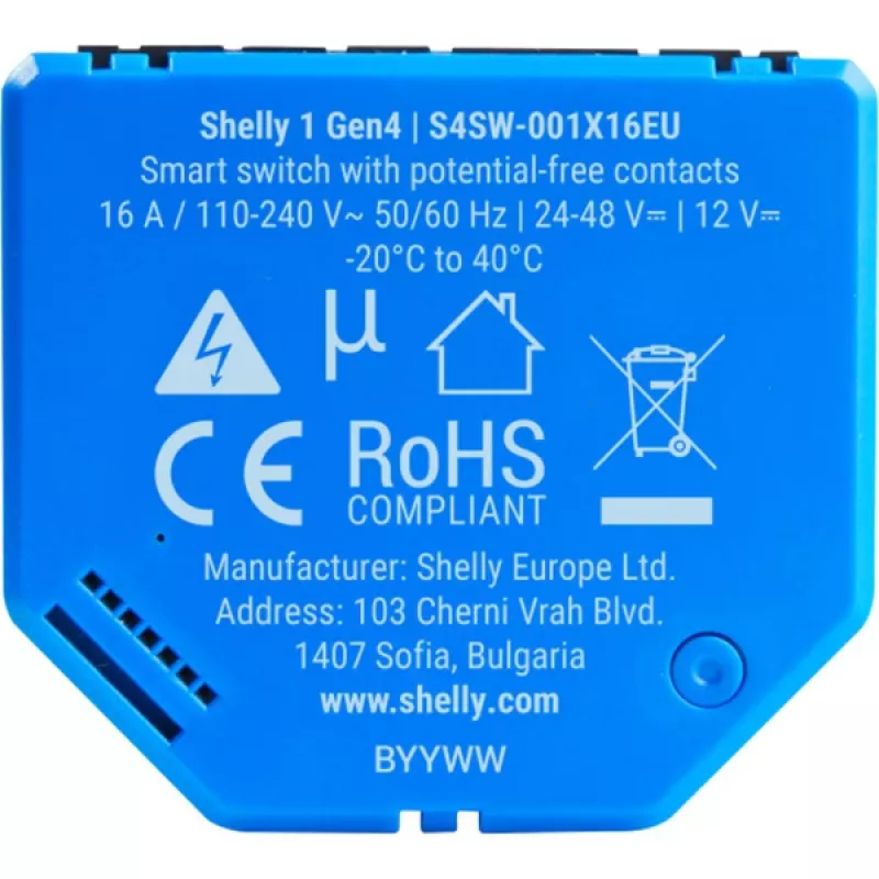 Smart switch Shelly 1 Gen4, wireless, 240 V AC, Bluetooth 5.0/Wi‑Fi/ ZigBee, plastic housing, 42×16×37 mm, pack of 2