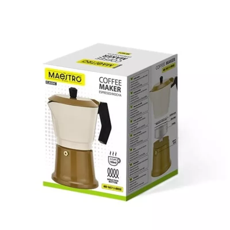 Aluminum stovetop moka pot Maestro MR-1657-3-BEIGE – 3-cup espresso maker, beige