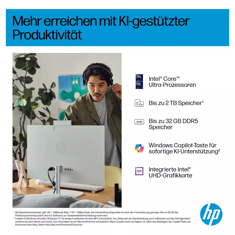 HP AI 27-cr2275ng - All-in-One (Complete Solution) - Core Ultra 7 255U - RAM 16 GB - SSD 512 GB - NVMe - Intel Graphics - 1GbE, Bluetooth 5.3, Wi-Fi 6 - WLAN: 802.11a/b/g/n/ac/ax, 