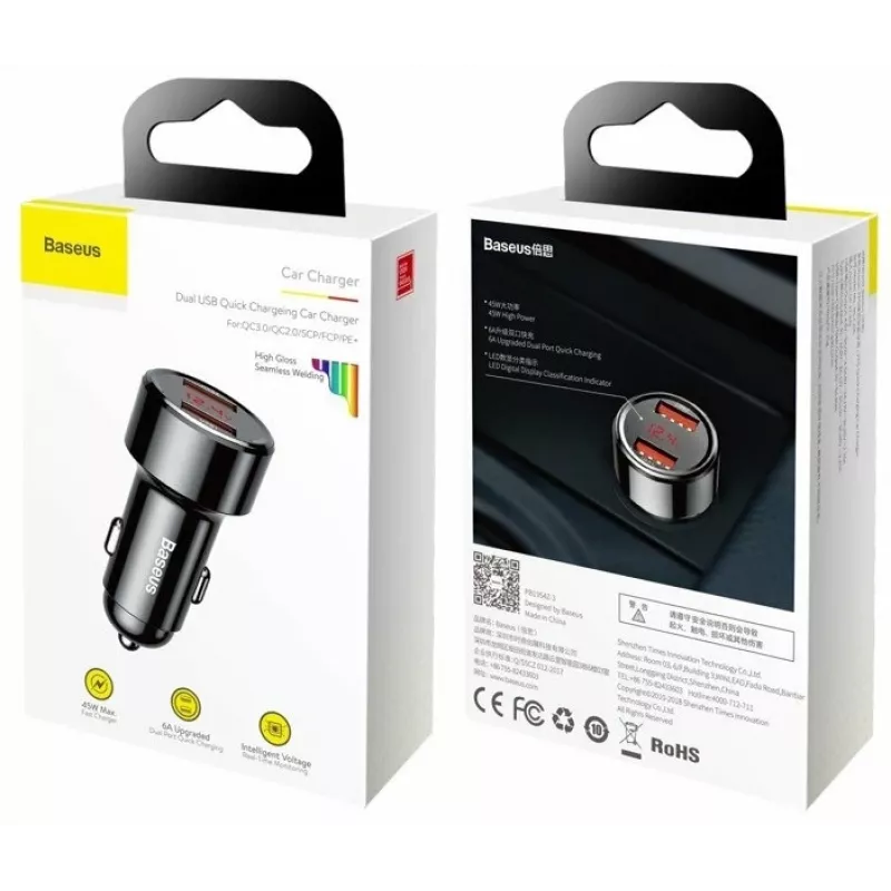 Car USB Fast Charger Baseus CCMLC20A-01 — for Smartphones, Input 12–24V, Output up to 20V, Black