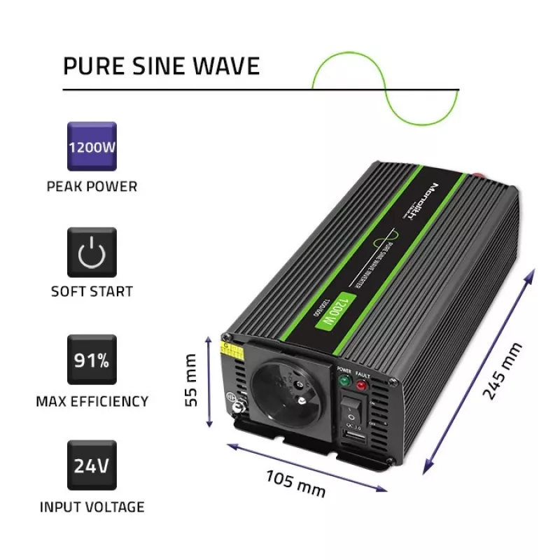 Car inverter Qoltec Monolith 1200 W Black 24 V