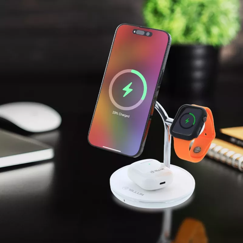 Wireless Desk Charger Tellur TLL151391 3in1 MagSafe Fast Charging for Phone, Watch and Earbuds
