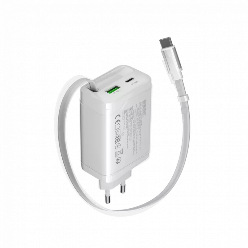 CANYON charger OnCharge 65RC with built-in USB-C cable 65W, 1x PD, 1x QC, EU plug, White