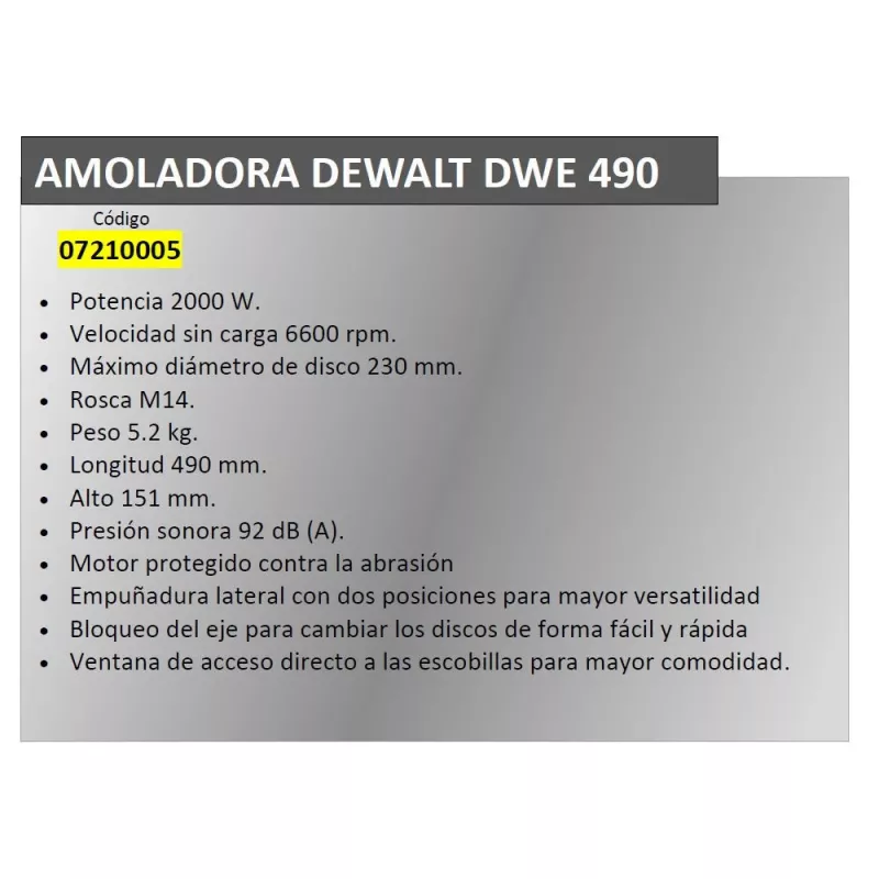 Angle Grinder DeWALT DWR490 — 2200 W, 230 mm disc, 6600 RPM, 5.2 kg