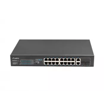 Unmanaged switch LANBERG RSFE-16P-2C-150 — 18-port Gigabit, 16 PoE+/2 SFP, 150 W total, 1U rack, metal, black