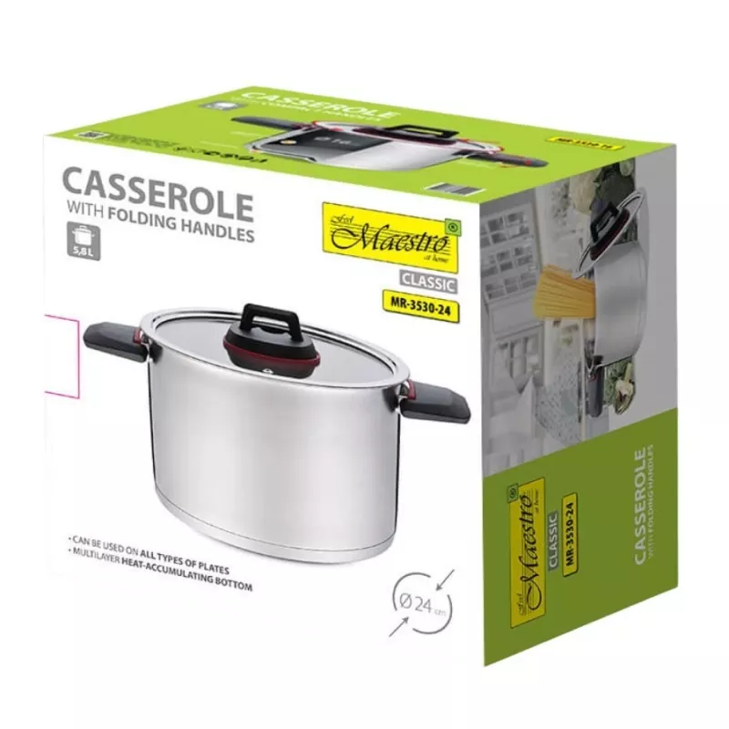 Cooking pot Maestro MR-3530-24 stainless steel 24 cm, 5.5 L, folding handles, glass lid