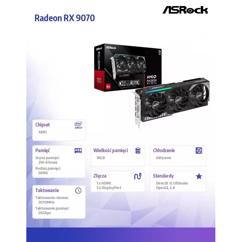 Graphics Card ASRock Challenger Radeon RX 9070 — 16 GB GDDR6, 256-bit, PCIe 5.0, 3x DisplayPort 2.1a + HDMI 2.1b