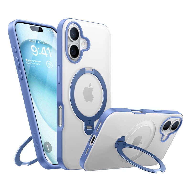 Protective phone case Torras Ostand Spin for iPhone 16 — Blue, slim profile, wireless charging compatible