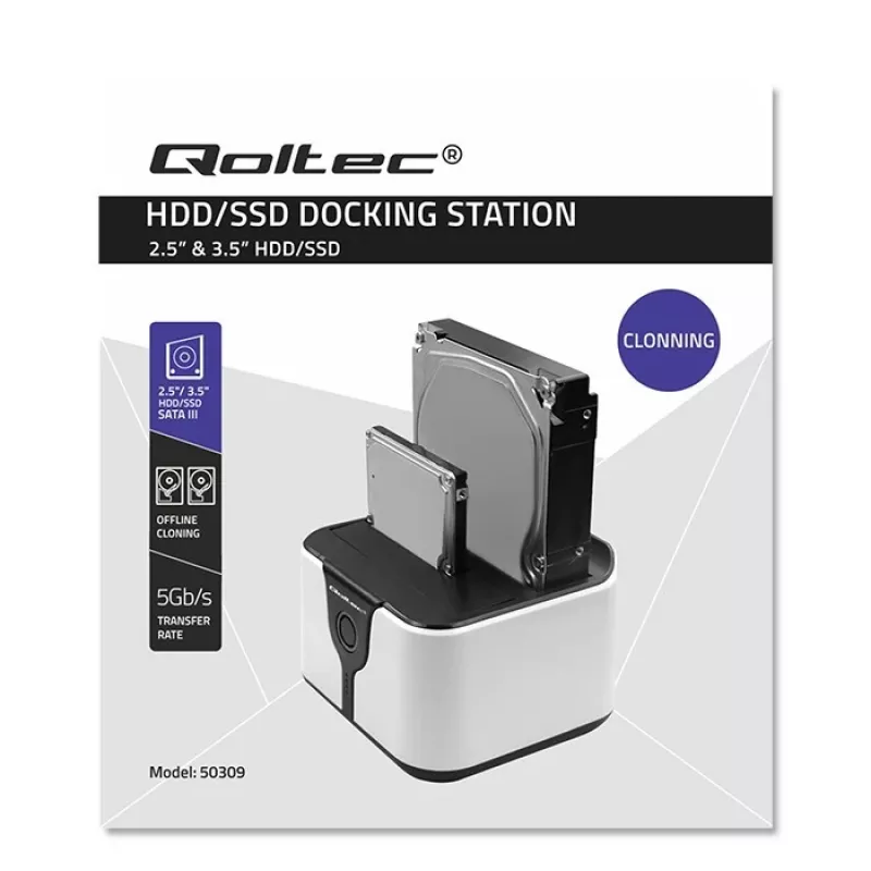 Qoltec 50309 HDD SSD 2.5 3.5 docking station | SATA III | USB 3.0 | Super speed 5Gb/s | with Clonning function