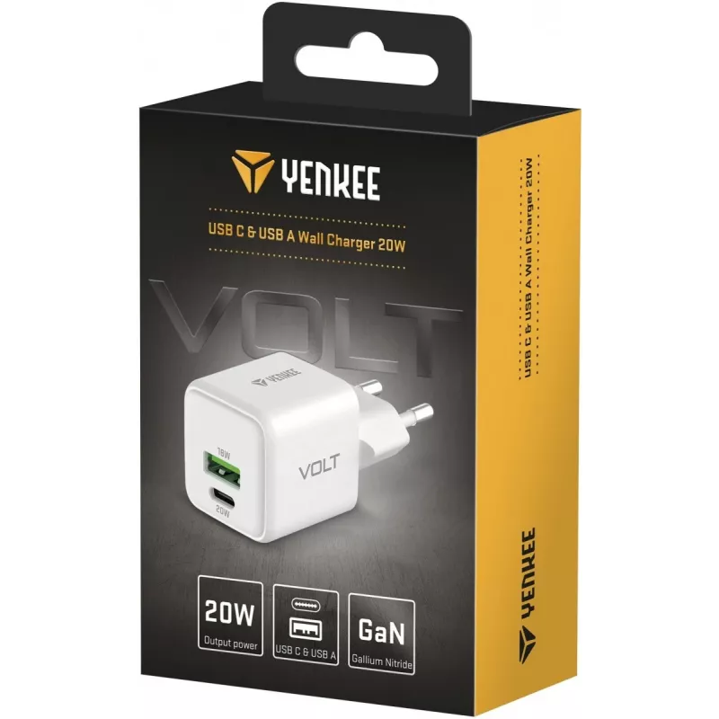 USB C/A mains charger YENKEE YAC G38 20W 3A Power Delivery (USB‑C and USB‑A)