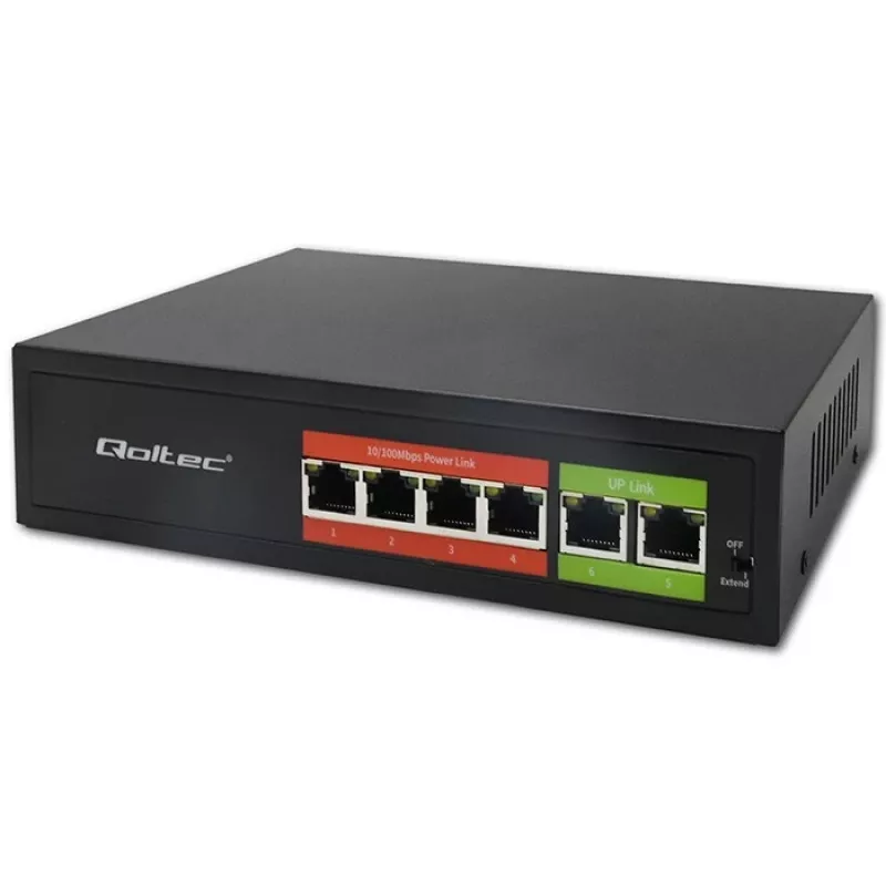 Ethernet PoE Switch QOLTEC 52289 — 4x RJ45 PoE ports, 2x RJ45 uplink, 65W power budget
