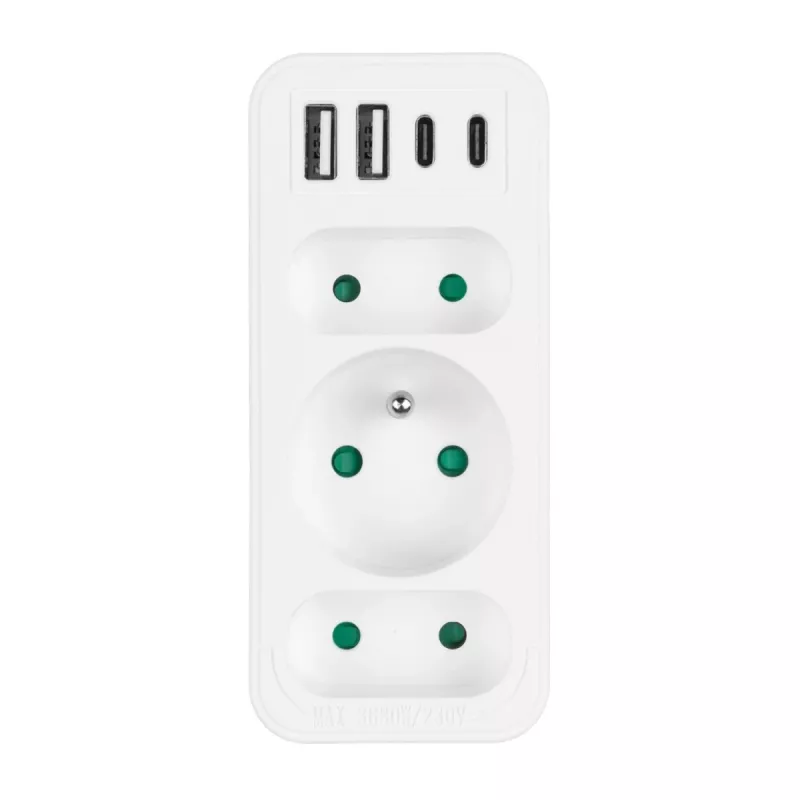 Power splitter MACLEAN MCE248 F/W — 3 AC sockets (1×16A, 2×6A) + 4×USB (2×A, 2×C PD 20W), EU plug, white